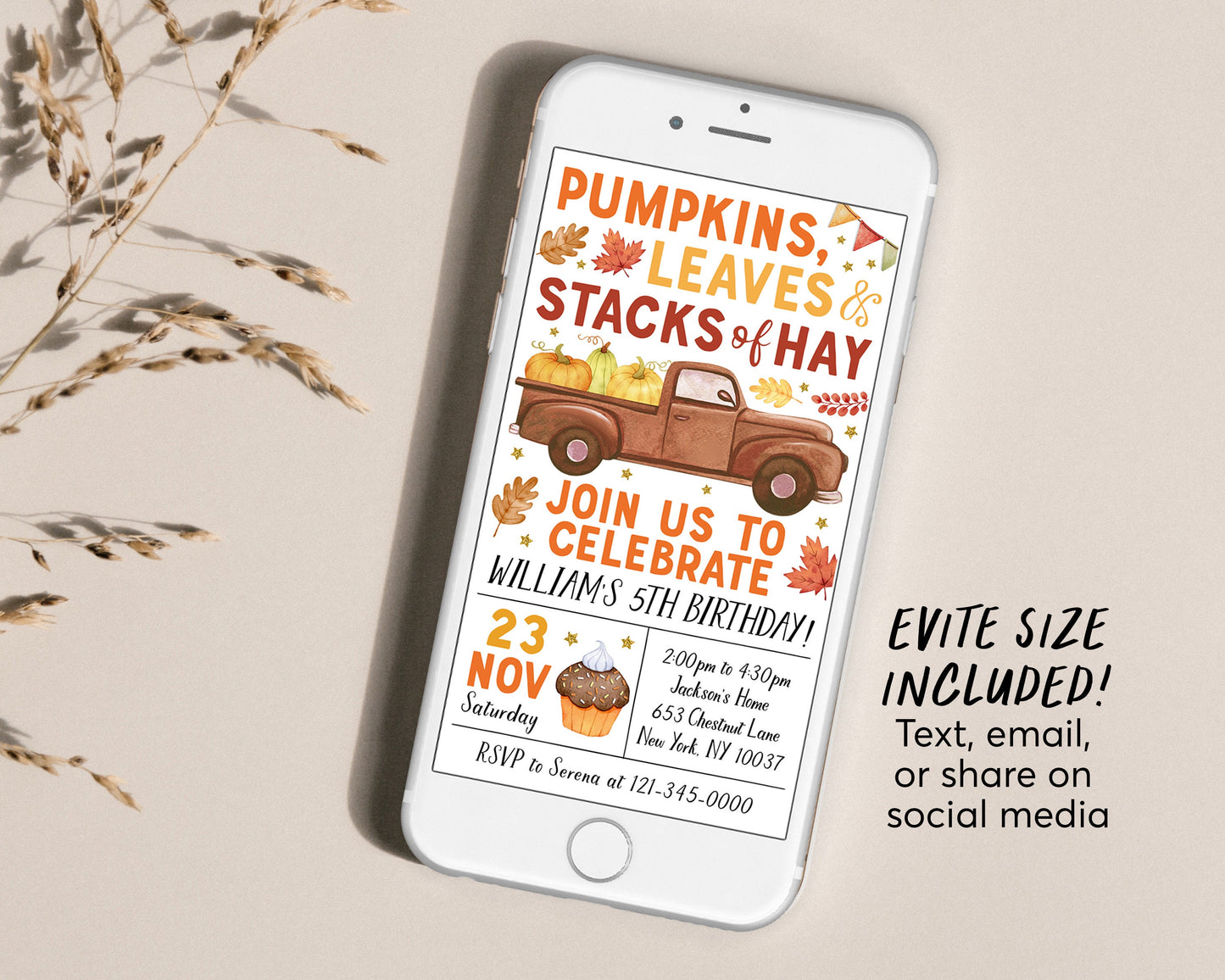 Pumpkin Truck Birthday Invitation With Photo Editable Template, Kids Unisex Pumpkin Patch Autumn Party Invite, Leaves Stacks Of Hay Evite