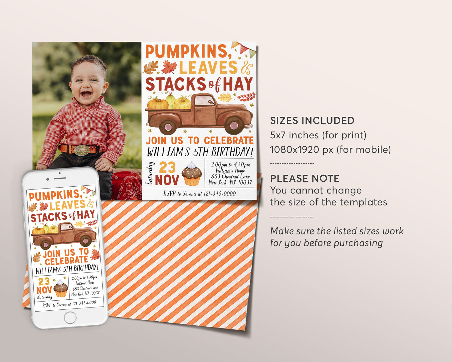 Pumpkin Truck Birthday Invitation With Photo Editable Template, Kids Unisex Pumpkin Patch Autumn Party Invite, Leaves Stacks Of Hay Evite