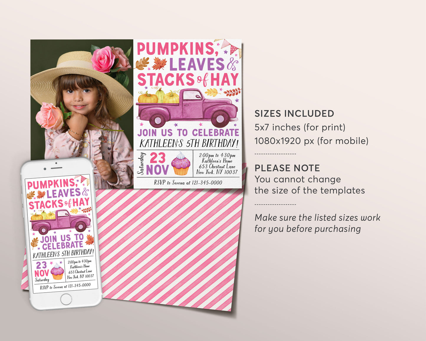 Pumpkin Truck Birthday Invitation With Photo Editable Template, Kids Girl Pumpkin Patch Autumn Party Invite, Leaves Stacks Of Hay Evite