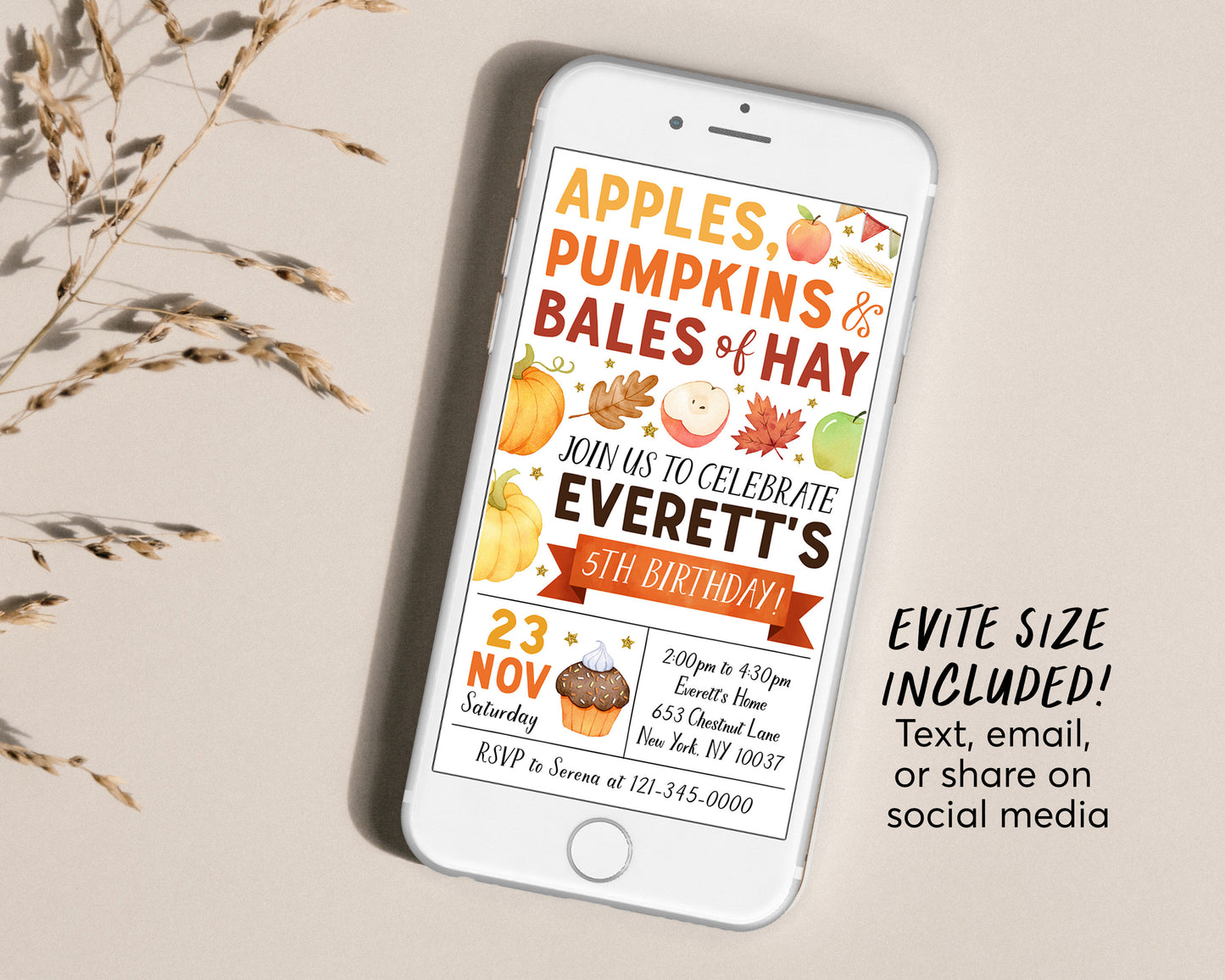 Apple and Pumpkins Birthday Invitation With Photo Editable Template, Kids Unisex Thanksgiving Bales Of Hay Party Invite, Pumpkin Patch Fall