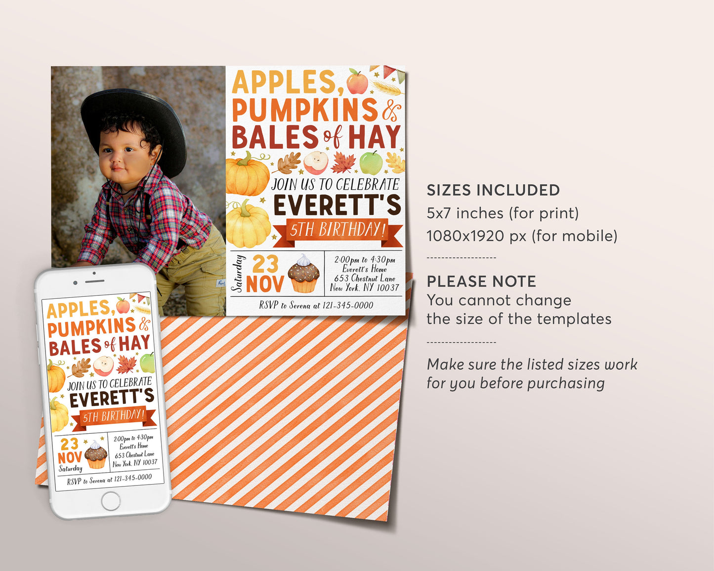 Apple and Pumpkins Birthday Invitation With Photo Editable Template, Kids Unisex Thanksgiving Bales Of Hay Party Invite, Pumpkin Patch Fall