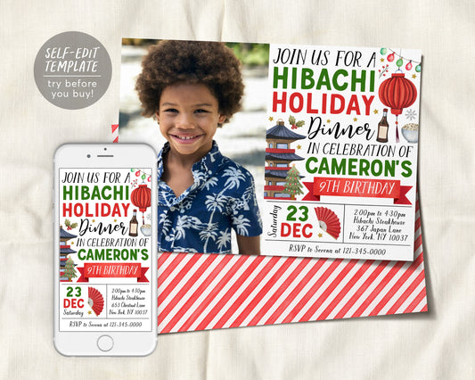 Christmas Hibachi Dinner Party Invitation With Photo Editable Template