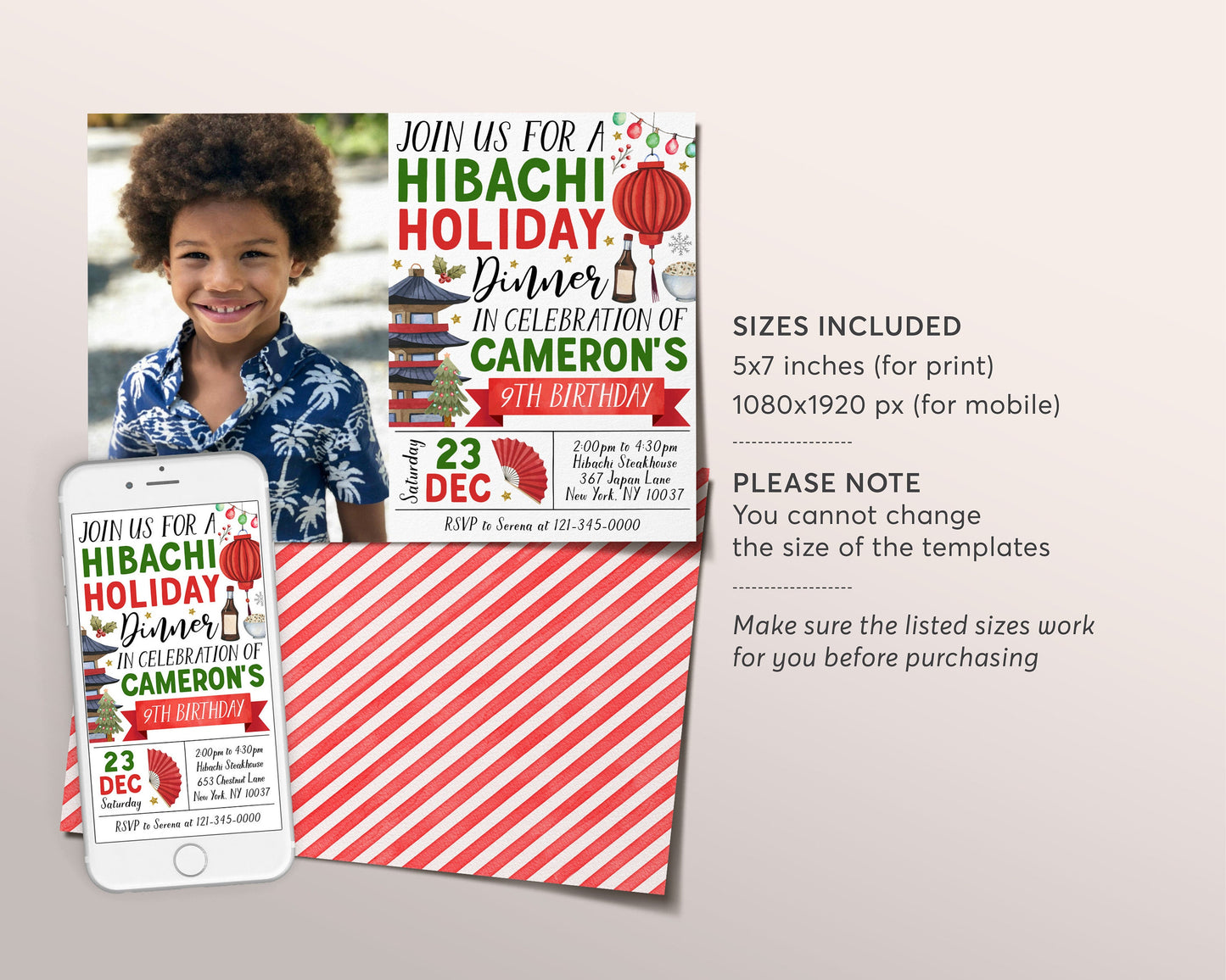 Christmas Hibachi Dinner Party Invitation With Photo Editable Template, Hibachi Japanese Restaurant Birthday Party Invite, Japan BBQ Holiday