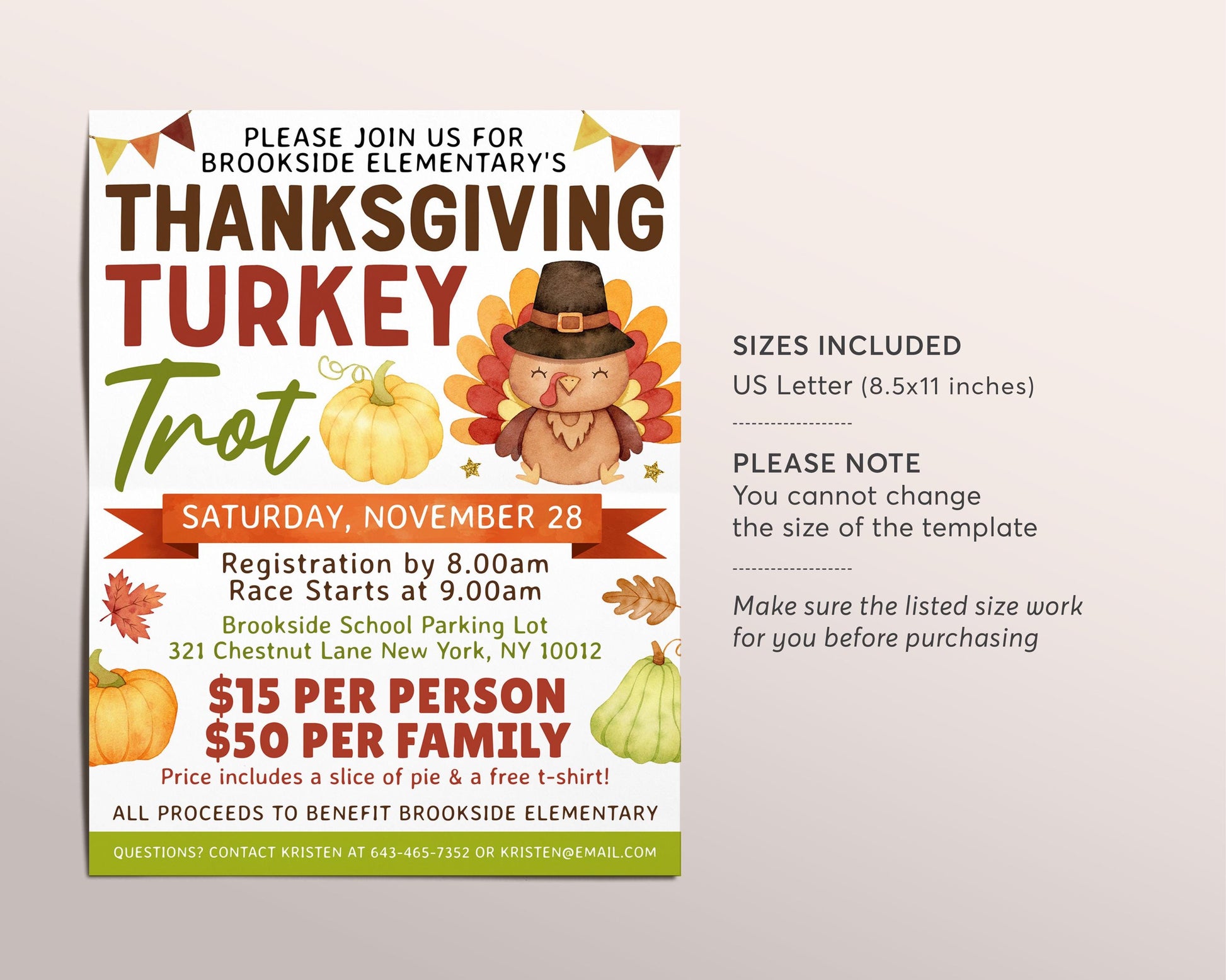 thanksgiving turkey trot flyer editable template, 5k 10k run walk race, fall school fundraiser event, autumn pto pta church community event