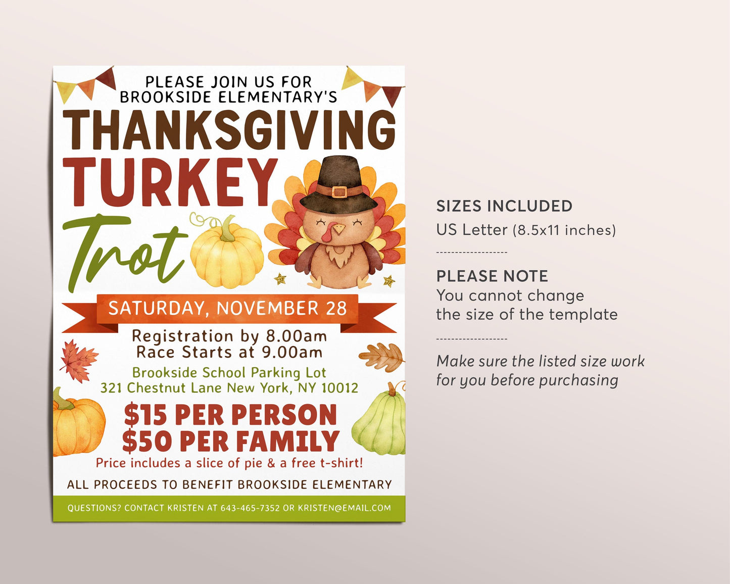 Thanksgiving Turkey Trot Flyer Editable Template, 5k 10k Run Walk Race, Fall School Fundraiser Event, Autumn PTO PTA Church Community Event