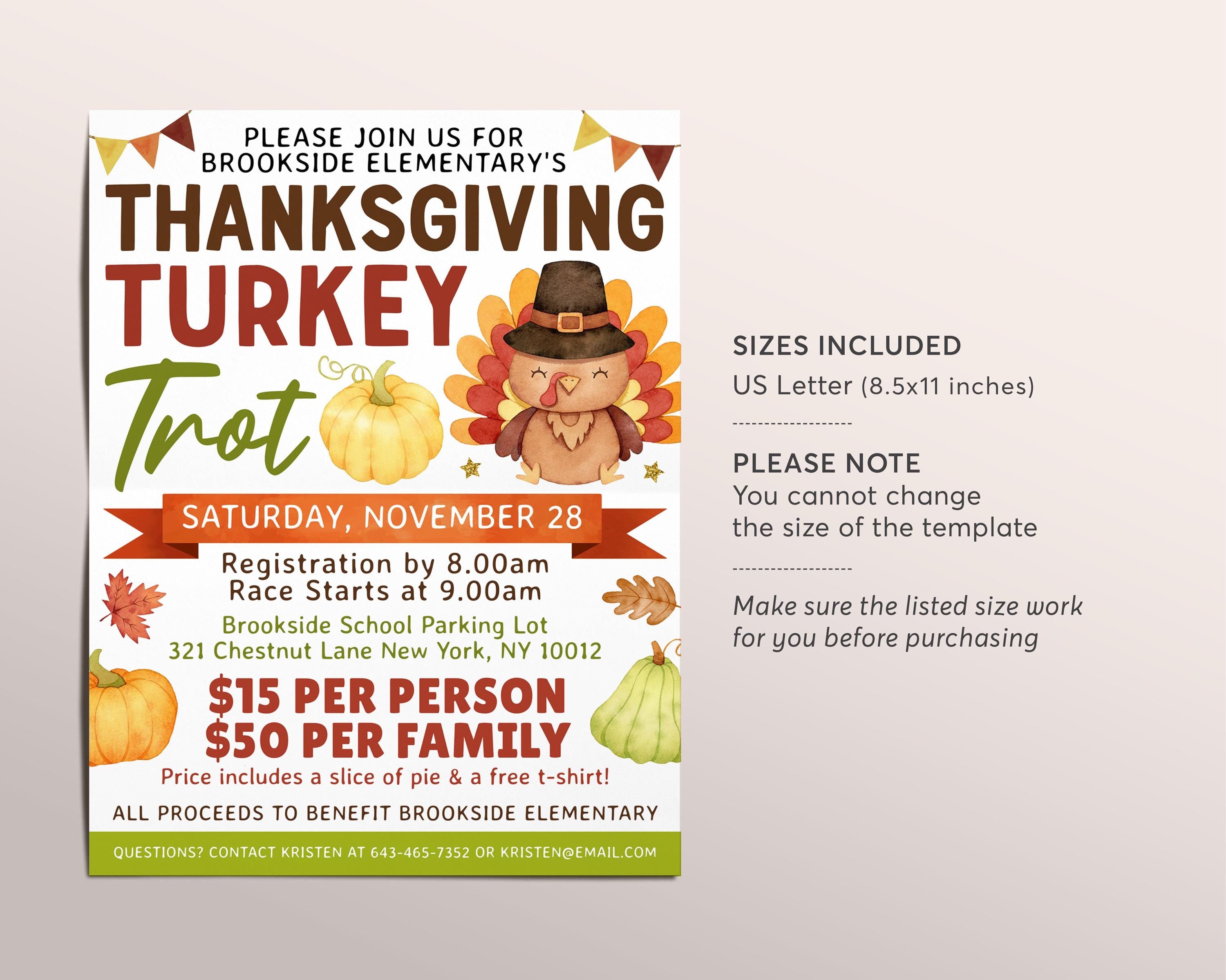 thanksgiving turkey trot flyer editable template, 5k 10k run walk race,  fall school fundraiser event, autumn pto pta church community event