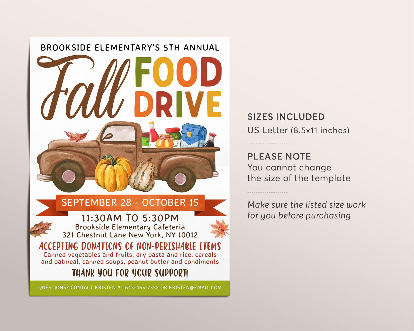 Fall Food Drive Flyer Editable Template, Thanksgiving Donation Drive, Autumn Drop Off Food Bank, School PTO PTA Church Community Event