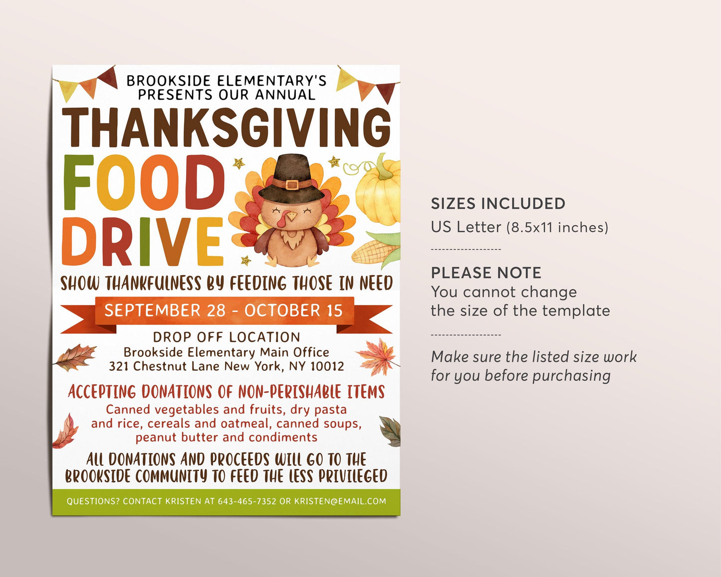 Thanksgiving Food Drive Flyer Editable Template, Fall Holiday Donation Drive, Autumn Drop Off Food Bank, School PTO PTA Church Community