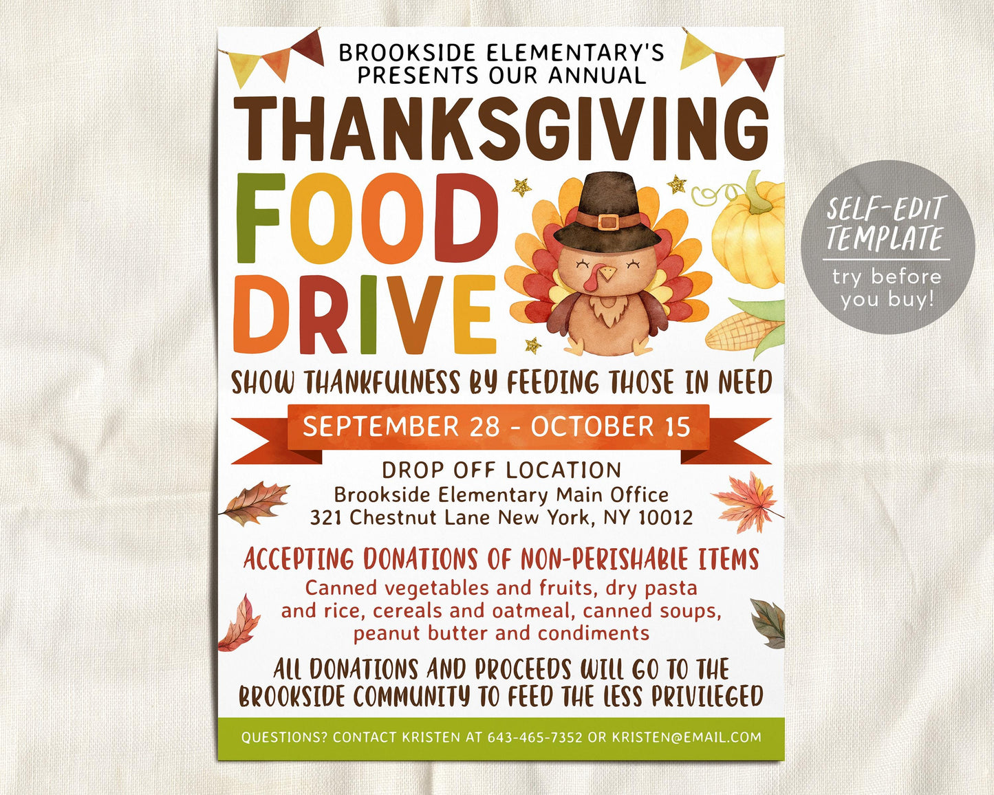 Thanksgiving Food Drive Flyer Editable Template