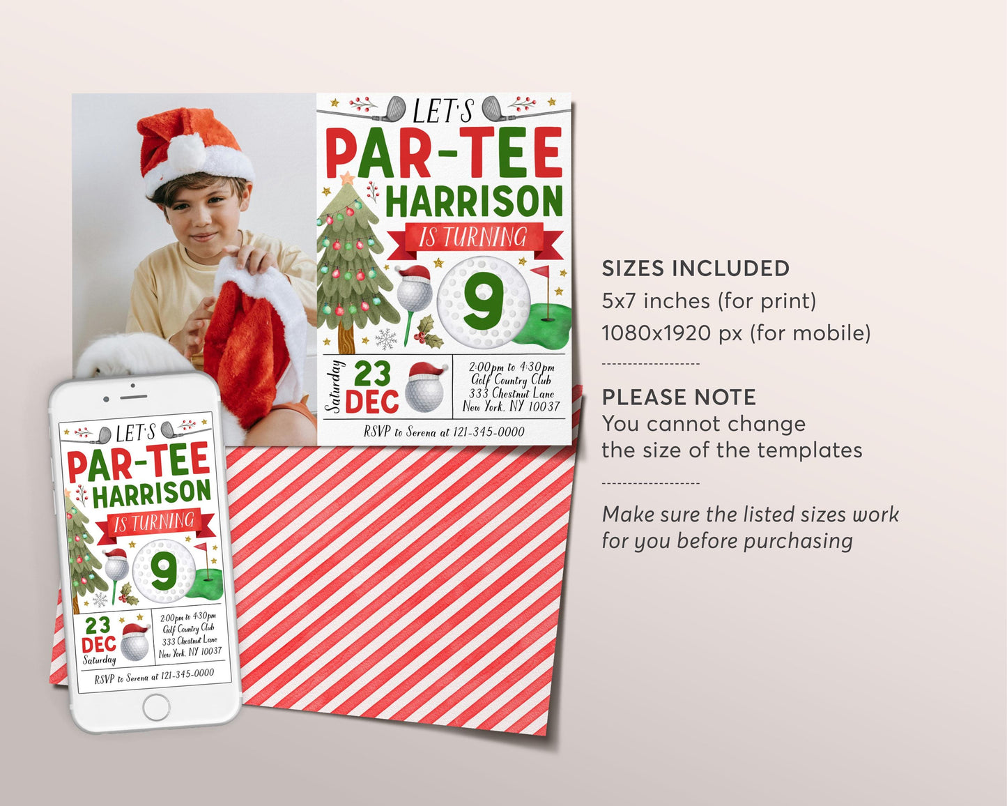 Christmas Golf Birthday Invitation With Photo Editable Template, Holiday Kids Let's Par Tee Golf Ball Party Invite, Xmas Sports Theme Evite