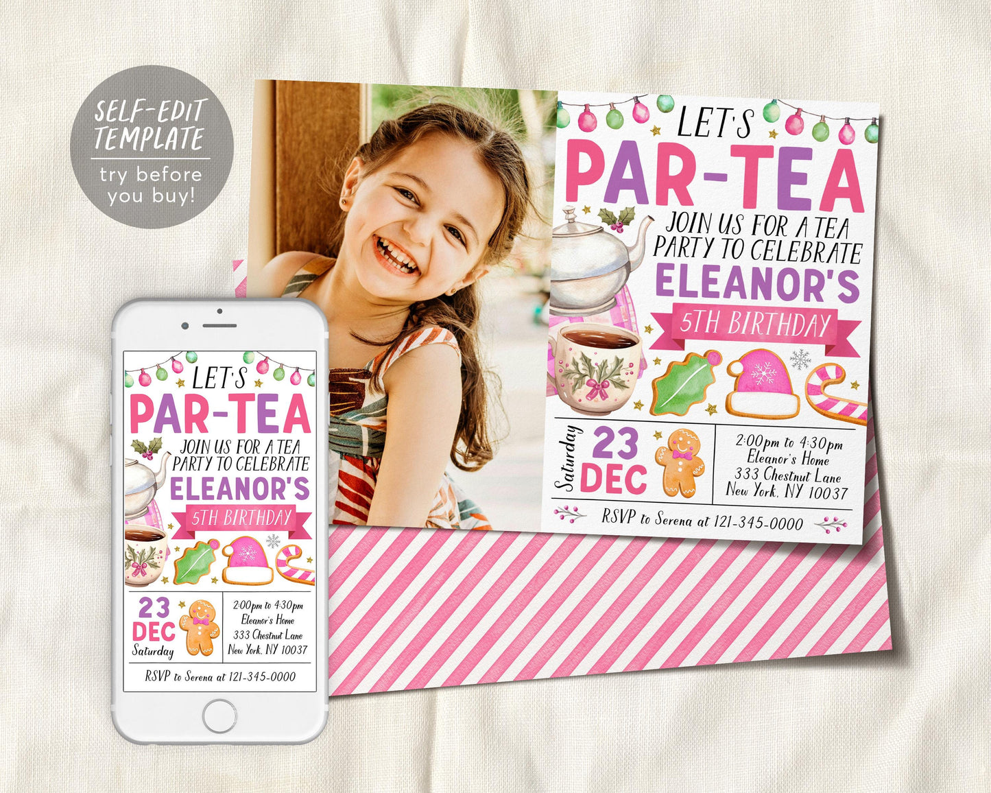 Christmas Tea Party Birthday Invitation With Photo Editable Template