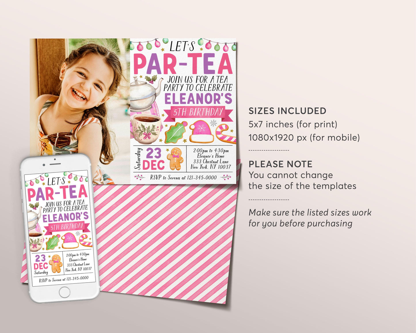 Christmas Tea Party Birthday Invitation With Photo Editable Template, Kids Let's Par-Tea Invite, Winter High Tea Party Afternoon Tea Evite