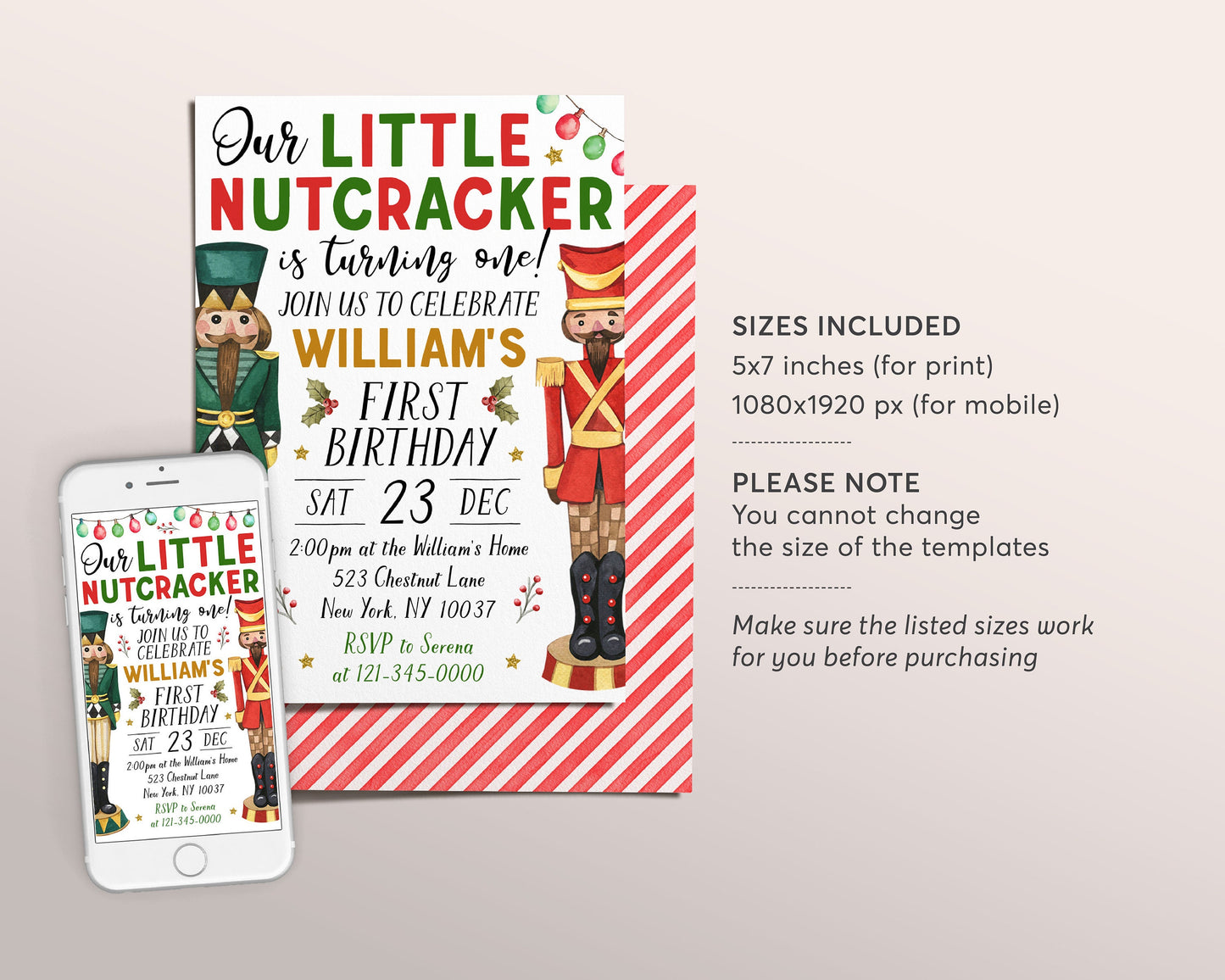 Little Nutcracker First Birthday Invitation Editable Template, Kids Nutcracker 1st Birthday Party Invite, Christmas Winter Onederland Evite