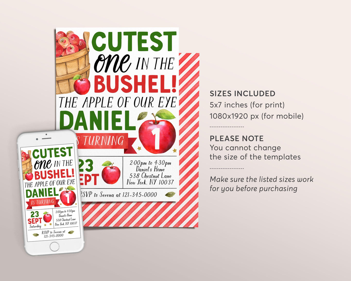 Fall Apple First Birthday Invitation Editable Template, Kids Unisex Cutest One In The Bushel 1st Party Invite, Autumn Theme Red Apple Evite