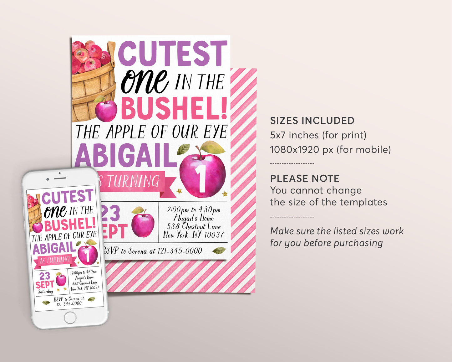 Fall Apple First Birthday Invitation Editable Template, Kids Girl Cutest One In The Bushel 1st Party Invite, Autumn Theme Pink Apple Evite