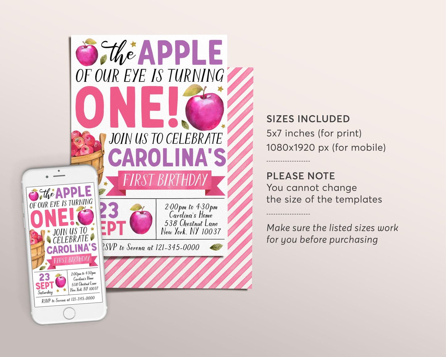 Fall Apple First Birthday Invitation Editable Template, Kids Girl Apple of Our Eye 1st Party Invite, Bushel of Fun Autumn Theme Apple Evite