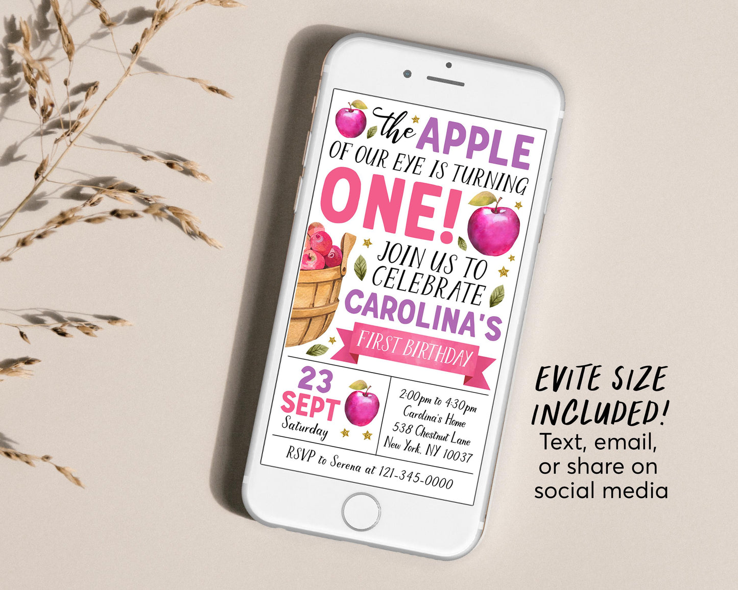 Fall Apple First Birthday Invitation Editable Template, Kids Girl Apple of Our Eye 1st Party Invite, Bushel of Fun Autumn Theme Apple Evite