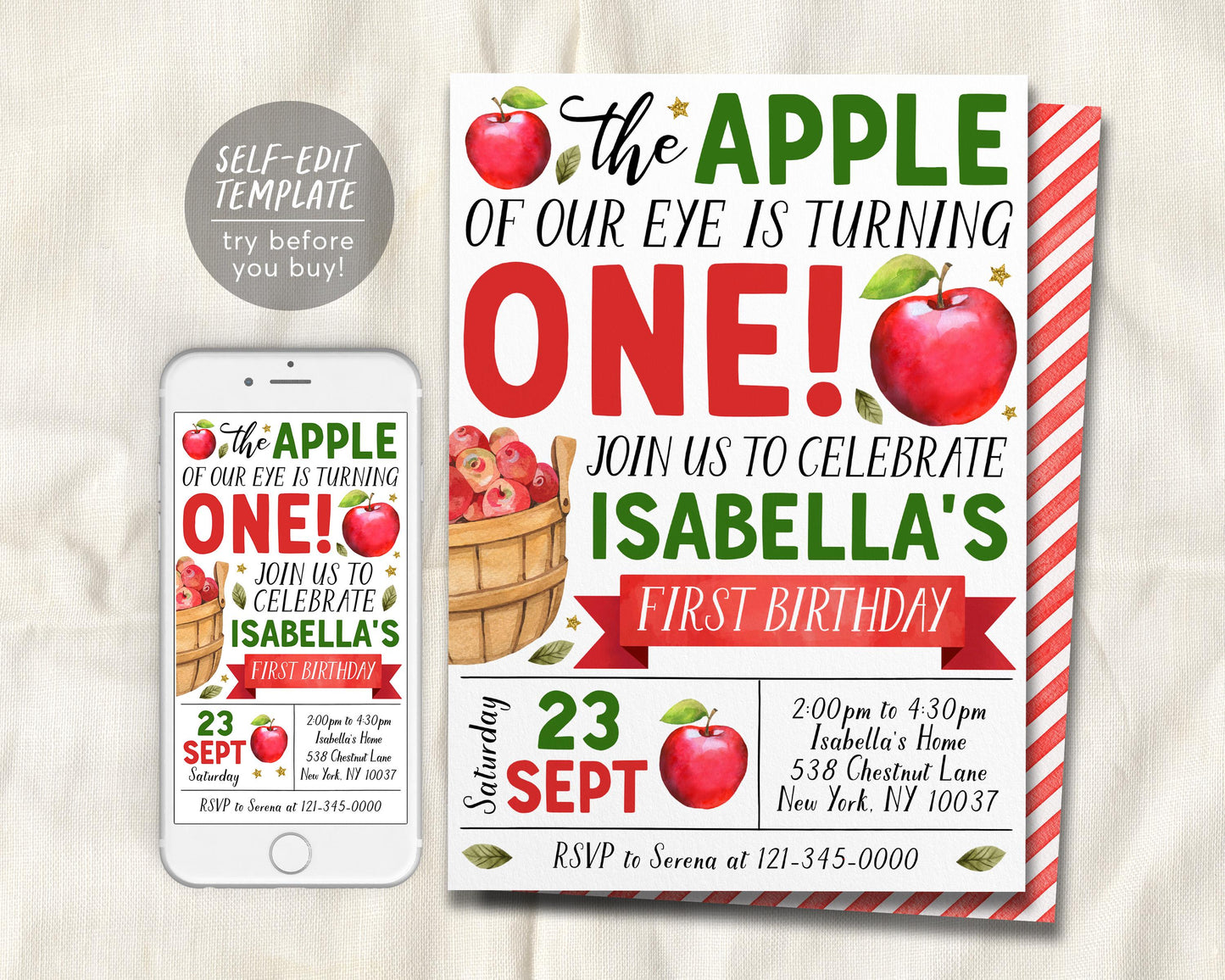 Fall Apple First Birthday Invitation Editable Template