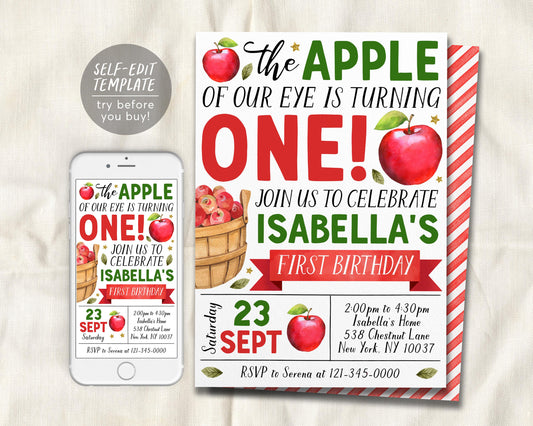 Fall Apple First Birthday Invitation Editable Template