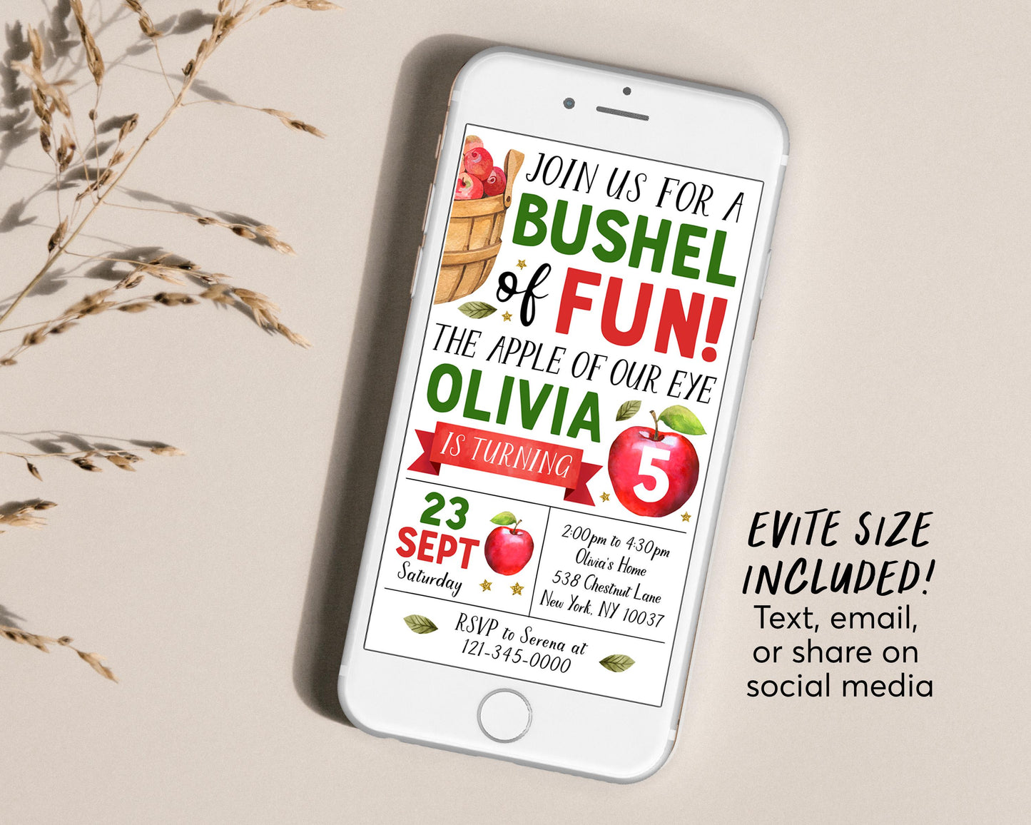 Apple Birthday Invitation Editable Template, Bushel of Fun First Birthday Party Invite, Apple of Our Eye Fall Evite, Apple Picking Orchard