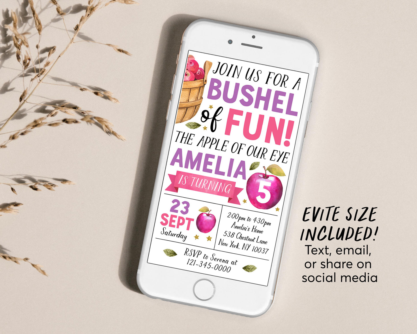 Apple Birthday Invitation Editable Template, Girl Bushel of Fun Birthday Party Invite, Apple of Our Eye Fall Evite, Apple Picking Orchard