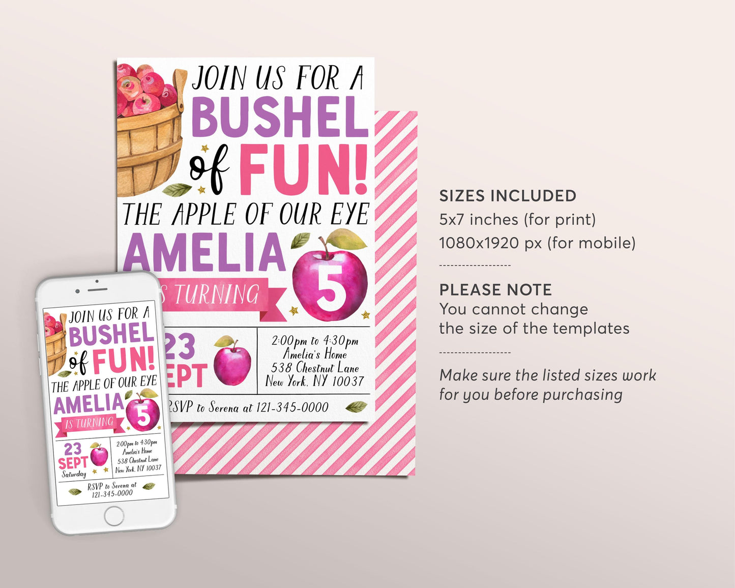 Apple Birthday Invitation Editable Template, Girl Bushel of Fun Birthday Party Invite, Apple of Our Eye Fall Evite, Apple Picking Orchard