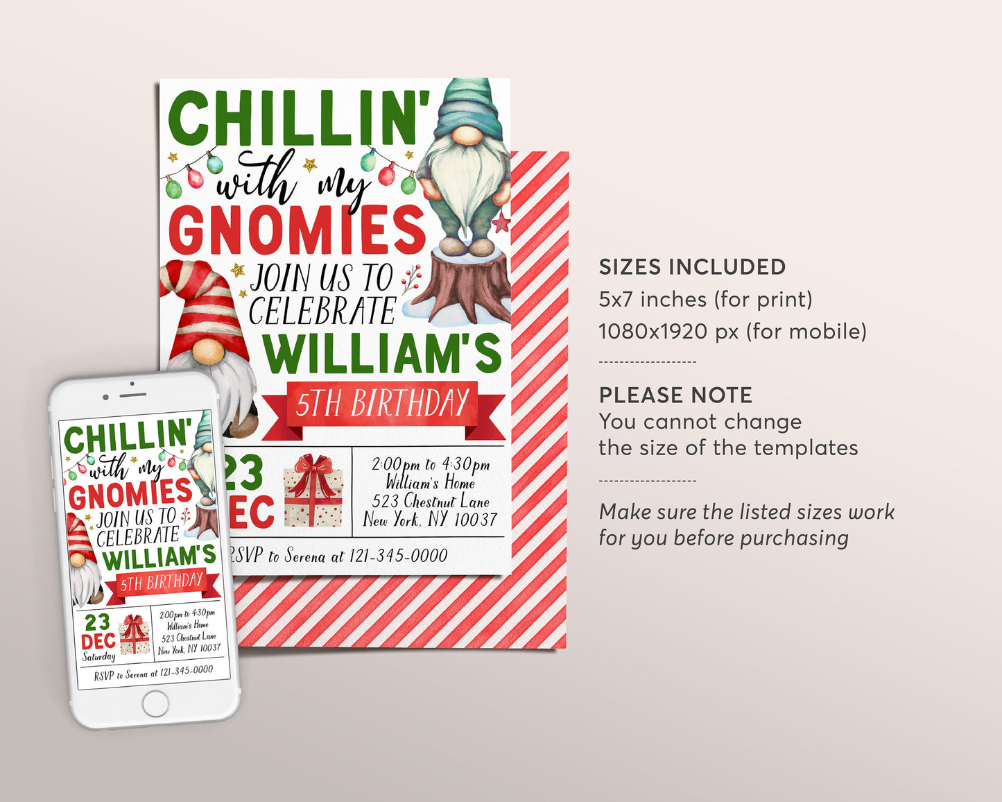 Gnome Birthday Invitation Editable Template, Kids Chillin' with My Gnomies Party Invite, Christmas Gnomes Winter Party Evite, Garden Gnomes