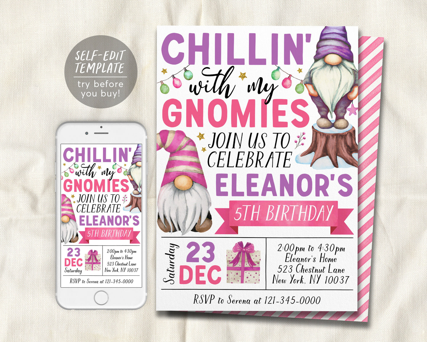 Gnome Birthday Invitation Editable Template