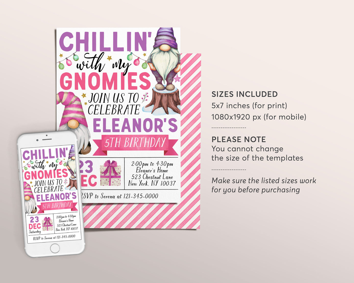 Gnome Birthday Invitation Editable Template, Kids Girl Chillin' with My Gnomies Party Invite, Christmas Gnomes Winter Festive Party Evite