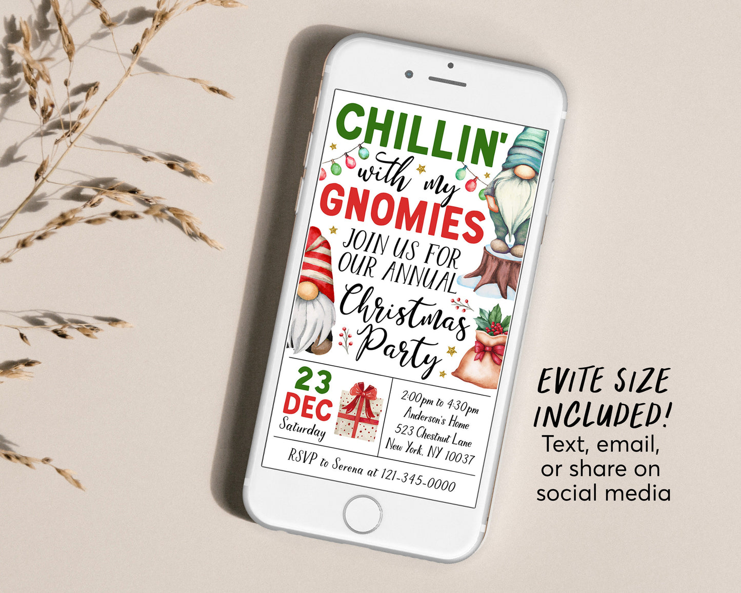 Gnome Christmas Party Invitation Editable Template, Chillin' with My Gnomies Party Invite, Funny Annual Christmas Gnomes Winter Party Evite