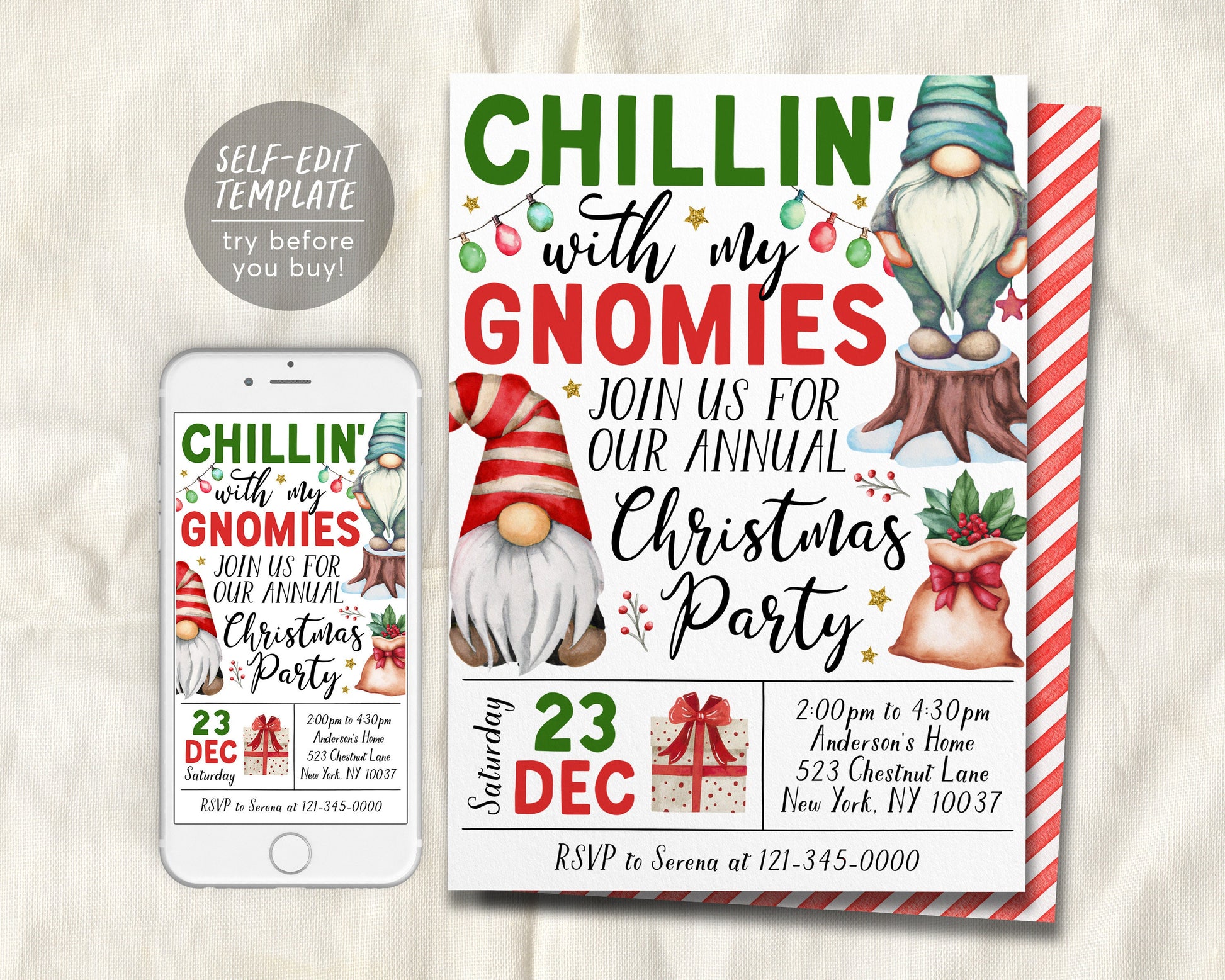 Gnome Christmas Party Invitation Editable Template