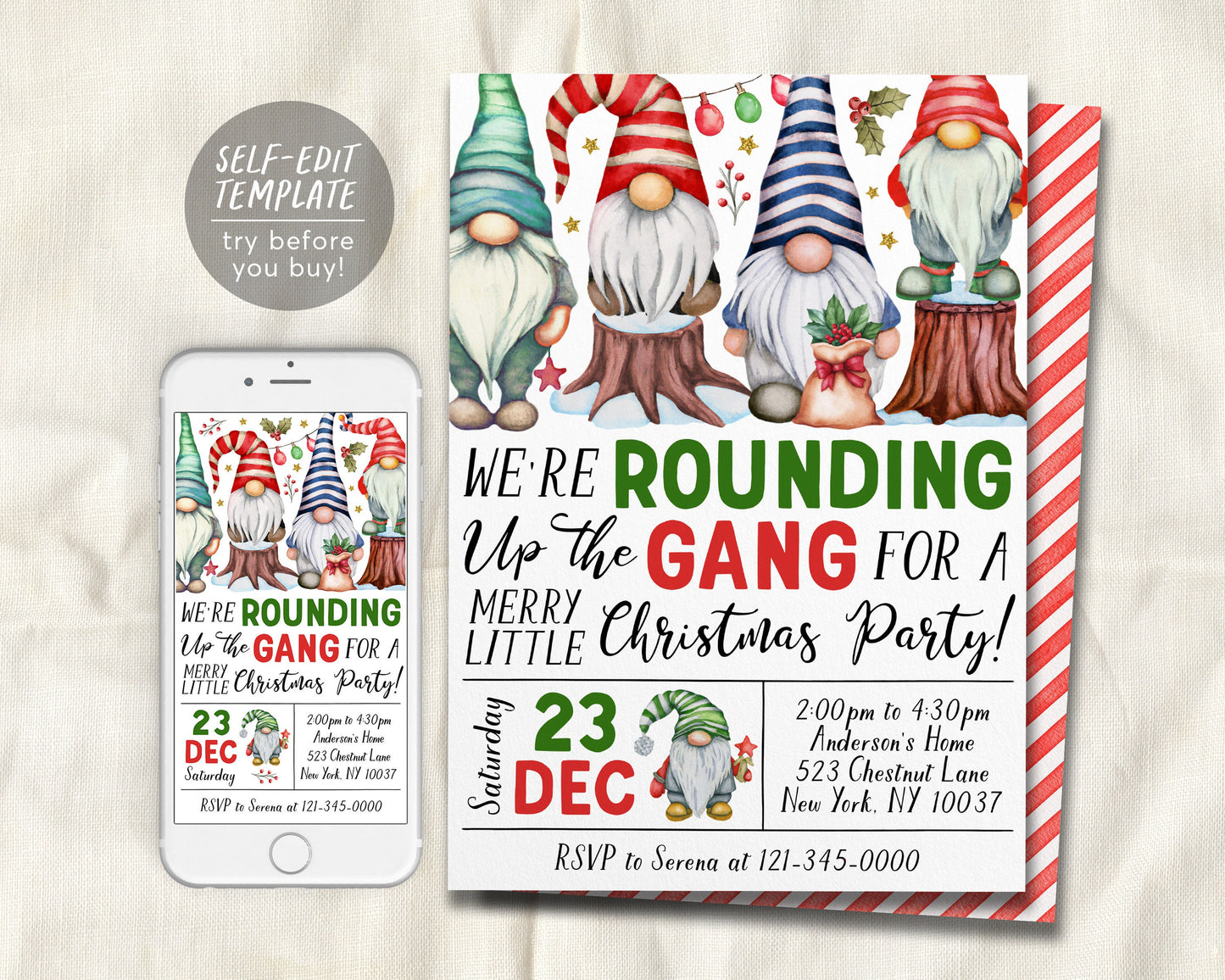 Gnome Christmas Party Invitation Editable Template