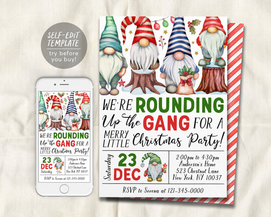 Gnome Christmas Party Invitation Editable Template