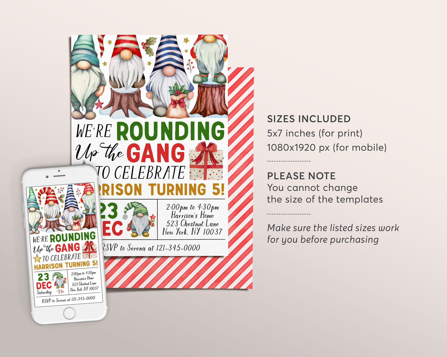 Gnome Birthday Invitation Editable Template, Kids We're Rounding Up The Gang Party Invite, Christmas Merry Little  Birthday Evite Printable