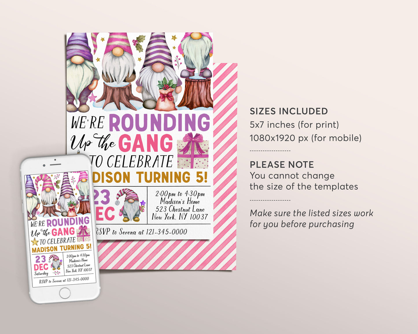 Gnome Birthday Invitation Editable Template, Kids Girl We're Rounding Up The Gang Party Invite, Christmas Gnomes Merry Birthday Evite