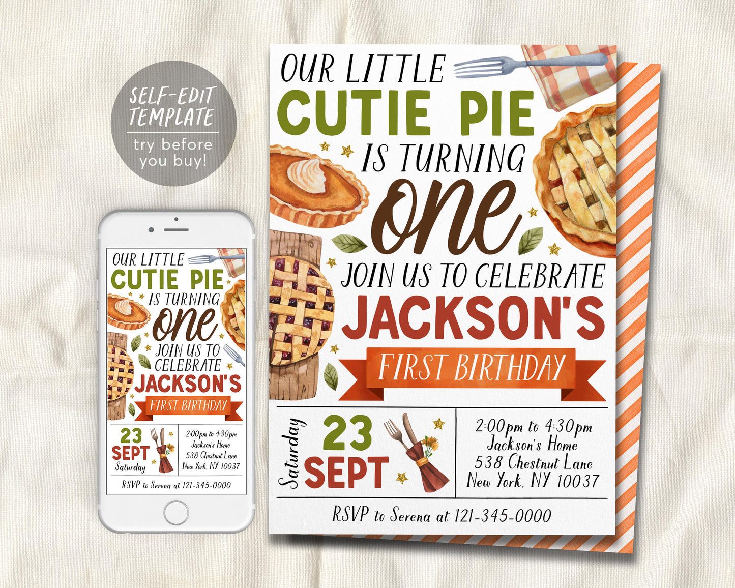 Cutie Pie First Birthday Invitation Editable Template