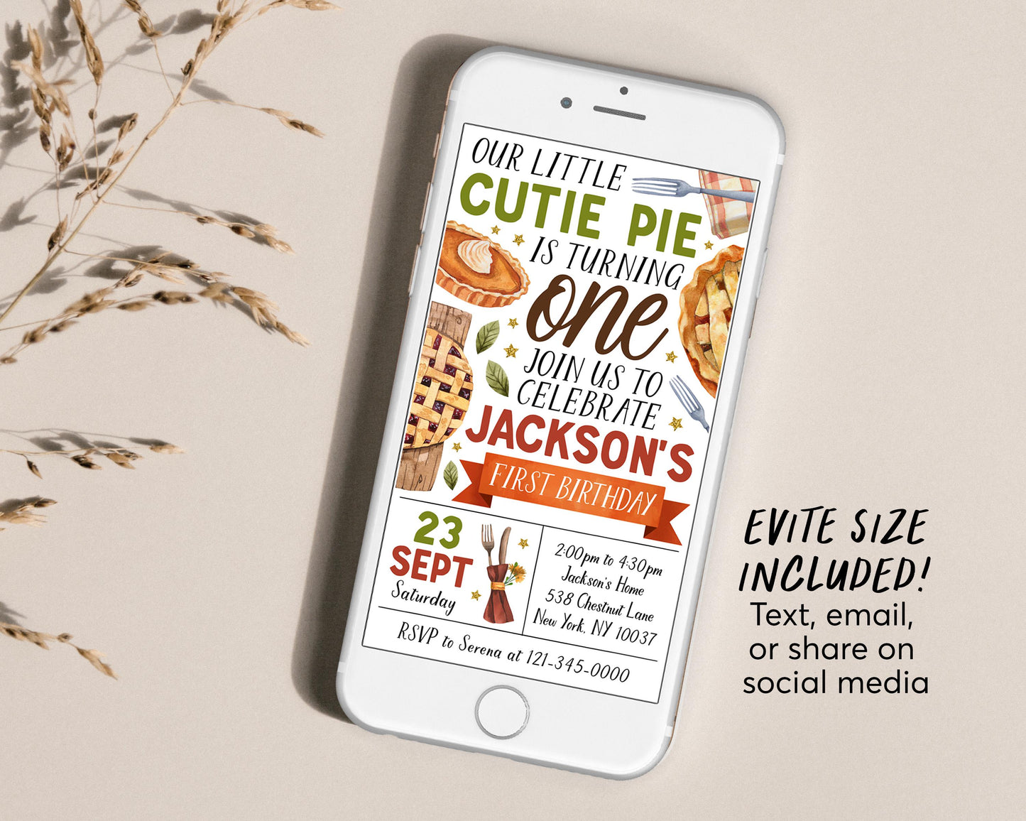 Cutie Pie First Birthday Invitation Editable Template, Fall Slice of Fun 1st Birthday Party Invite, Sweetie Pie Evite, Autumn Pumpkin Pie