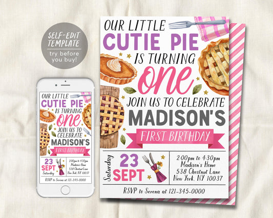 Cutie Pie First Birthday Invitation Editable Template