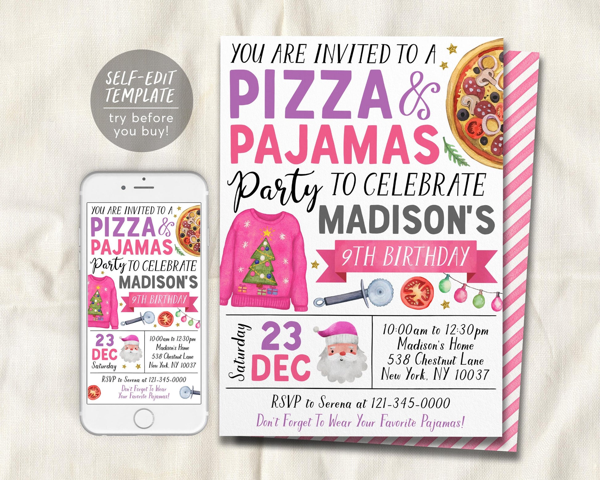 Christmas Pizza And Pajama Birthday Invitation Editable Template