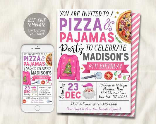 Christmas Pizza And Pajama Birthday Invitation Editable Template