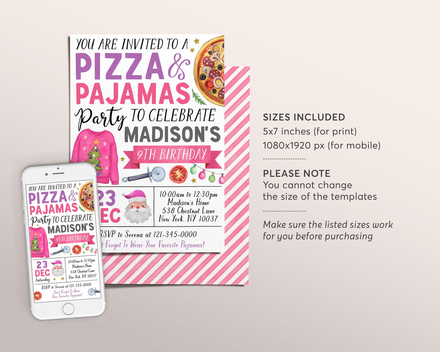 Christmas Pizza And Pajama Birthday Invitation Editable Template, Girl Holiday Slumber Party Invite, Sleepover Pajamas Party Evite PJs Santa