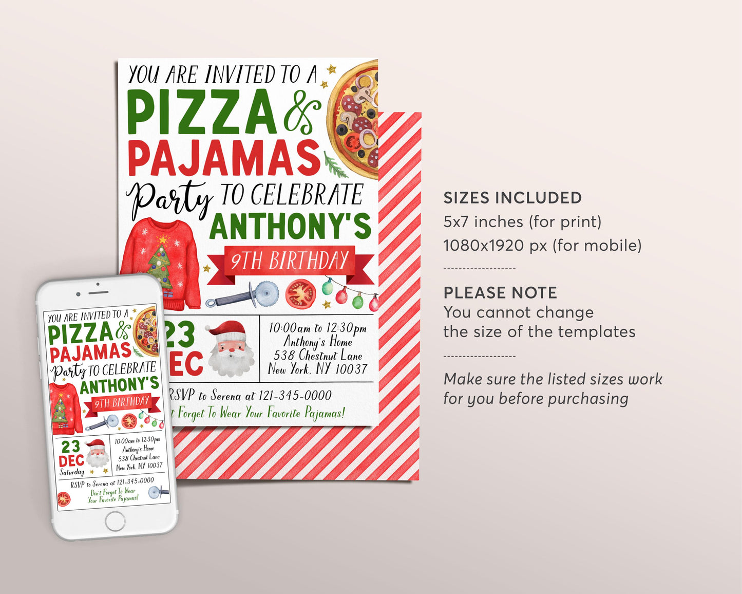 Christmas Pizza And Pajama Birthday Invitation Editable Template, Holiday Slumber Party Invite, Sleepover Pajamas Party Evite PJs Santa