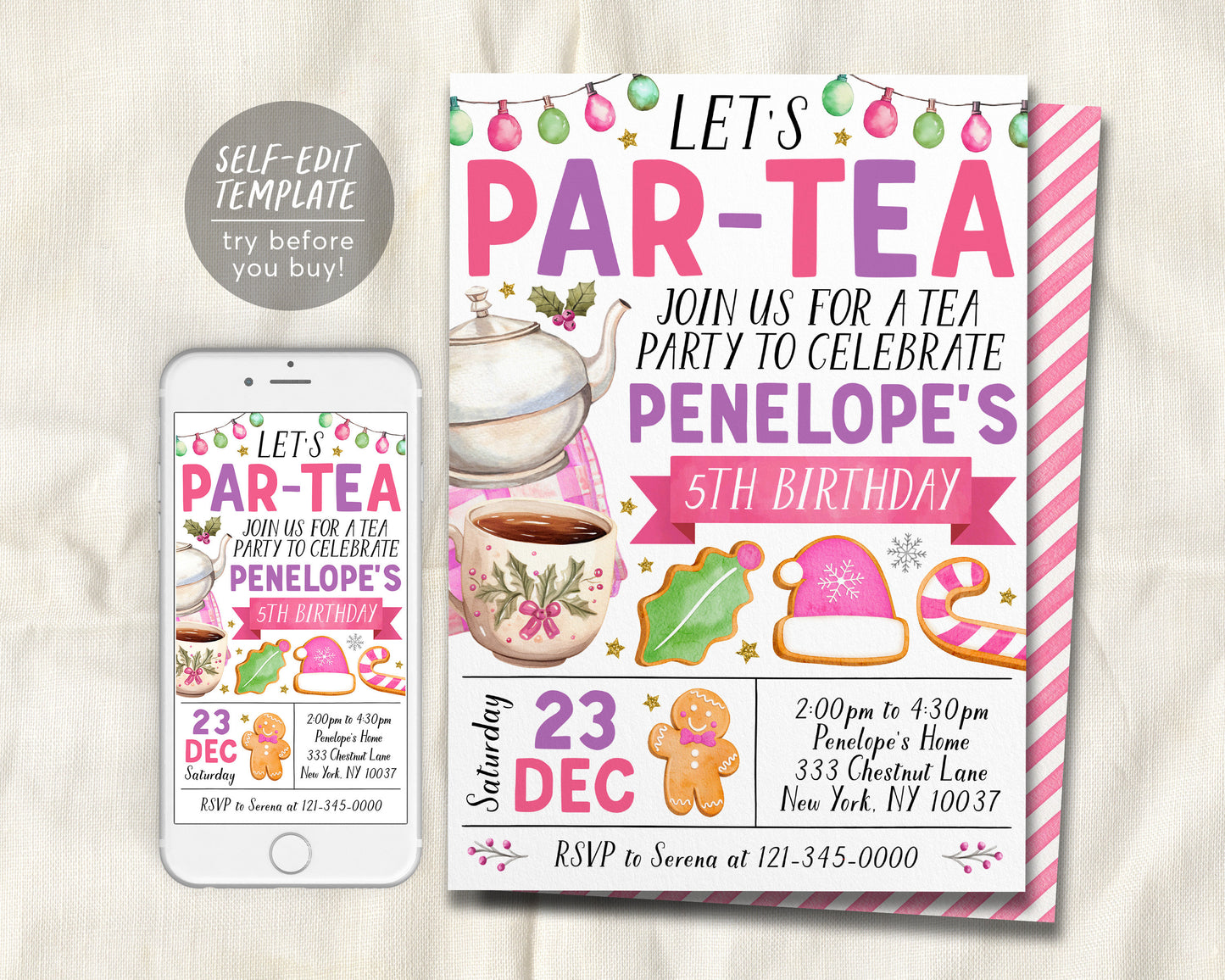 Christmas Tea Party Birthday Invitation Editable Template