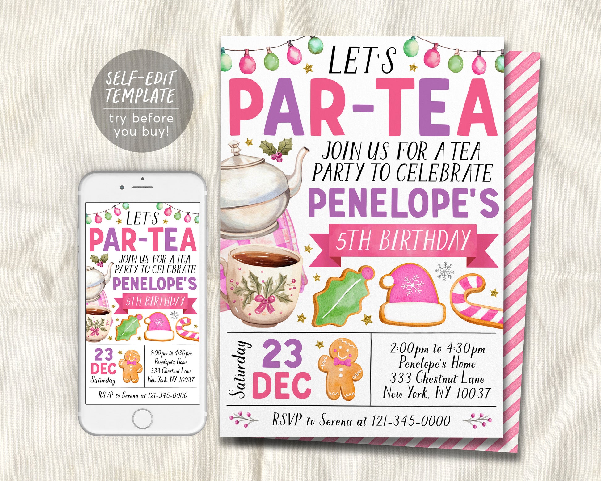 Christmas Tea Party Birthday Invitation Editable Template