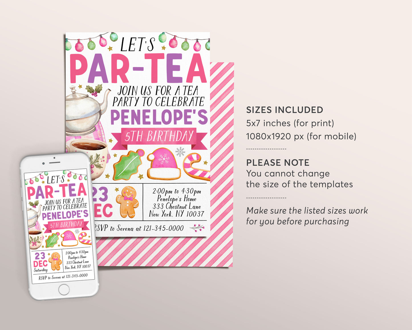 Christmas Tea Party Birthday Invitation Editable Template, Kids Let's Par-Tea Invite, Xmas Winter High Tea Party Afternoon Tea Teapot Evite