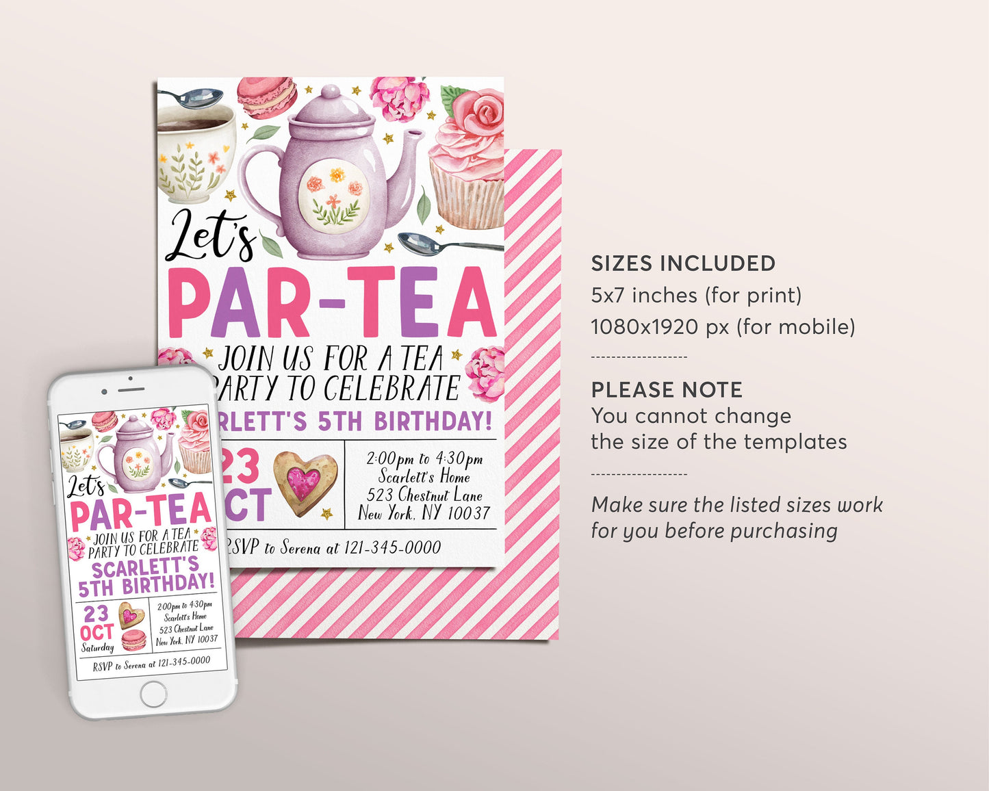 Tea Party Birthday Invitation Editable Template, Kids Let's Par-Tea High Tea Garden Party Invite, Blush Floral Whimsical Afternoon Tea Evite