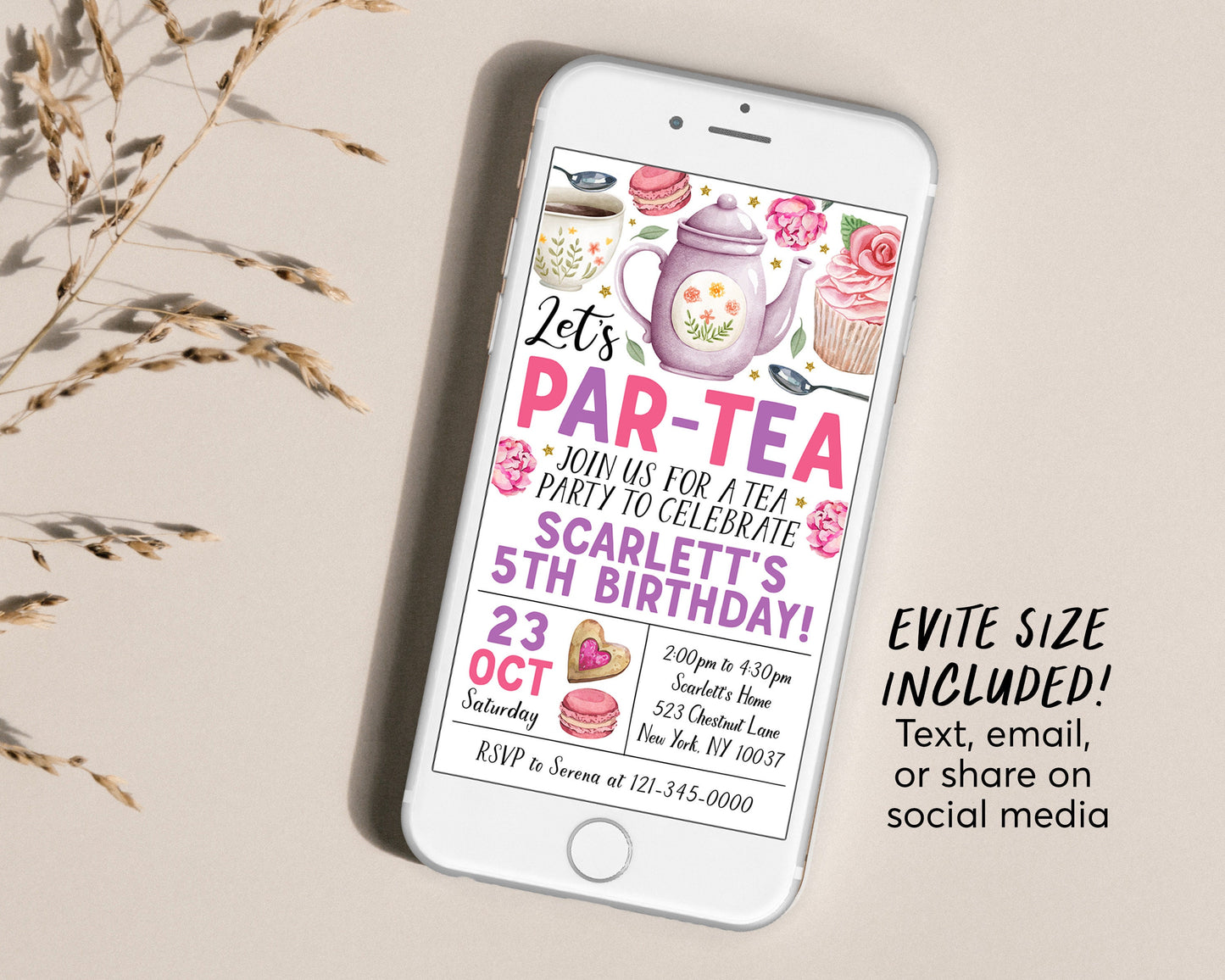 Tea Party Birthday Invitation Editable Template, Kids Let's Par-Tea High Tea Garden Party Invite, Blush Floral Whimsical Afternoon Tea Evite