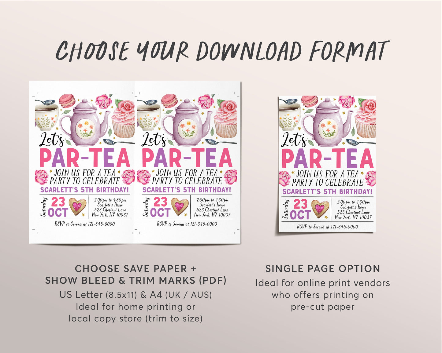 Tea Party Birthday Invitation Editable Template, Kids Let's Par-Tea High Tea Garden Party Invite, Blush Floral Whimsical Afternoon Tea Evite