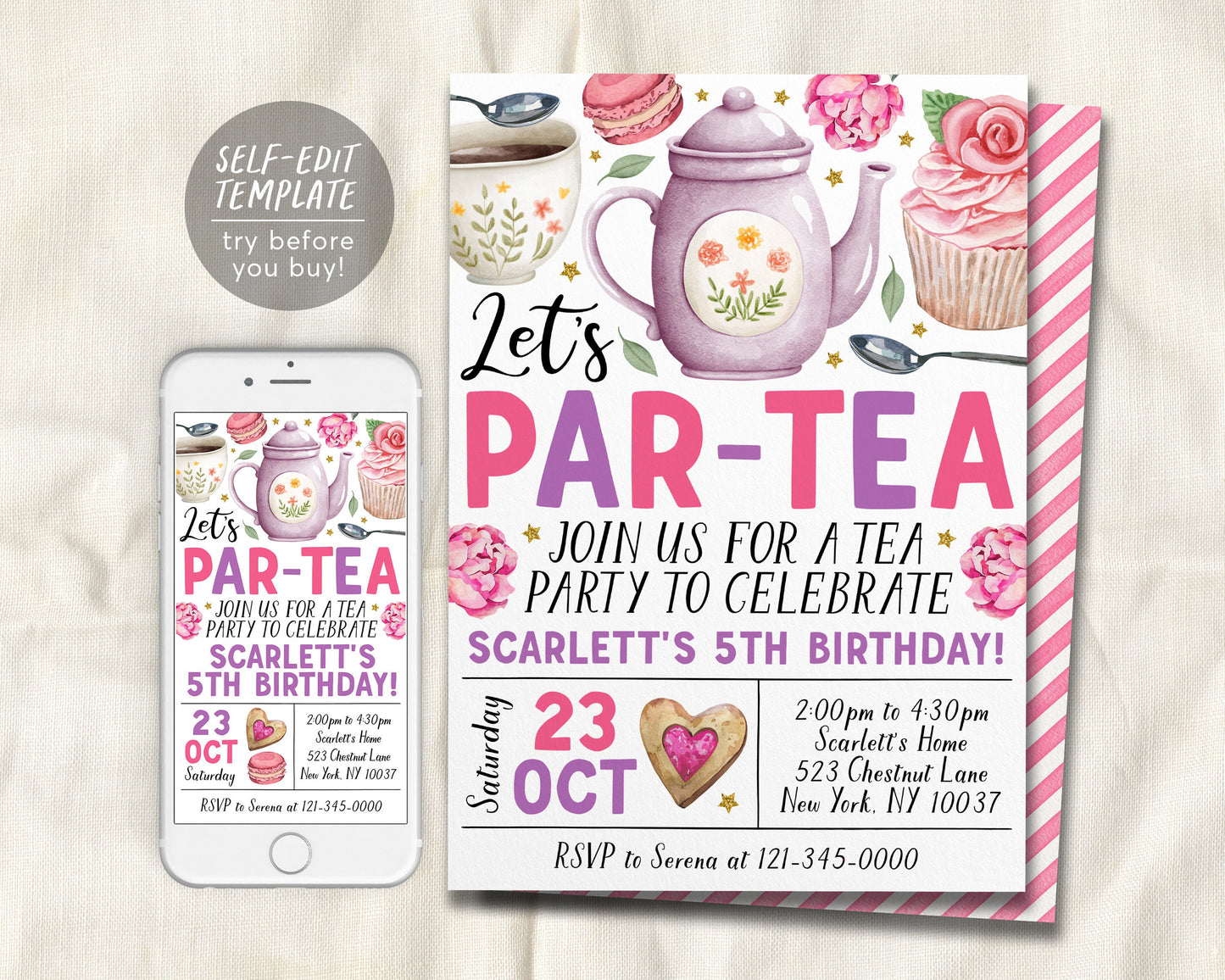 Tea Party Birthday Invitation Editable Template,