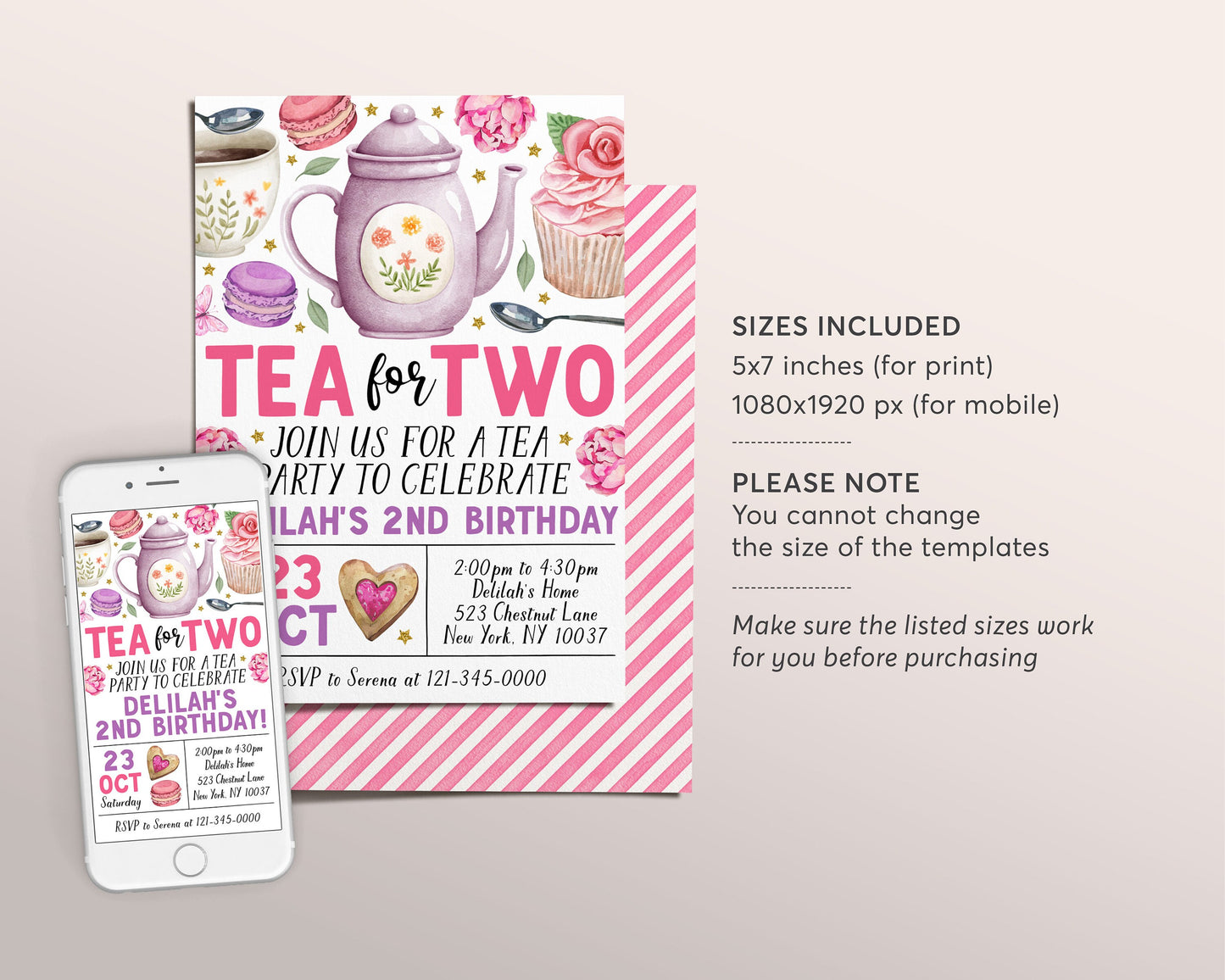 Tea For Two 2nd Birthday Invitation Editable Template, Kids Let's Par-Tea High Tea Garden Party Invite, Floral Whimsical Afternoon Tea Evite